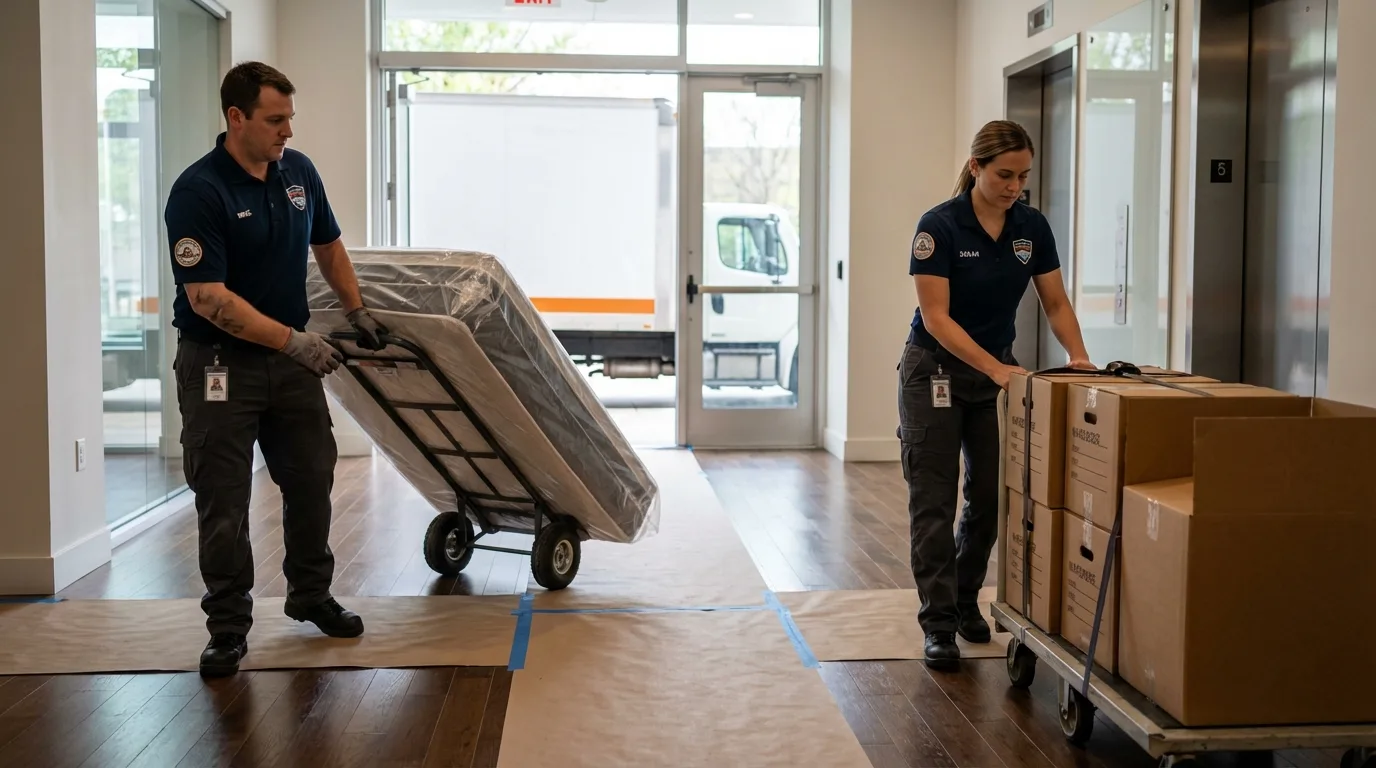 Professional apartment movers loading elevator in Oak Grove, LA